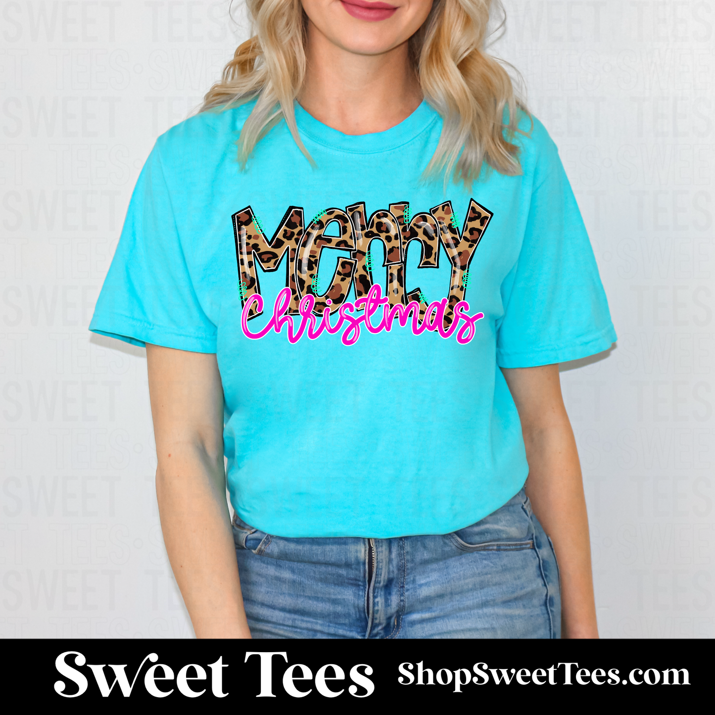 Merry Christmas Leopard tee - Bright Blue