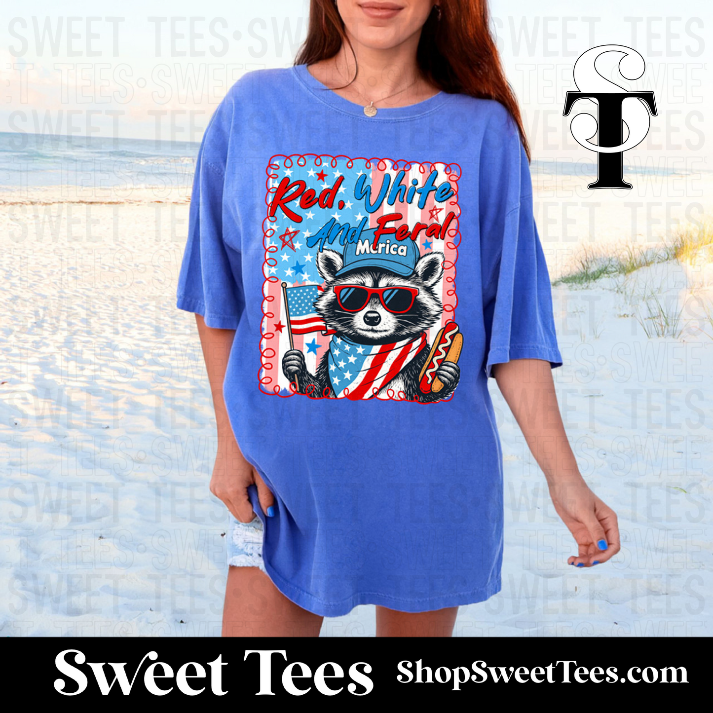 Red, White, Feral tee - Flo Blue