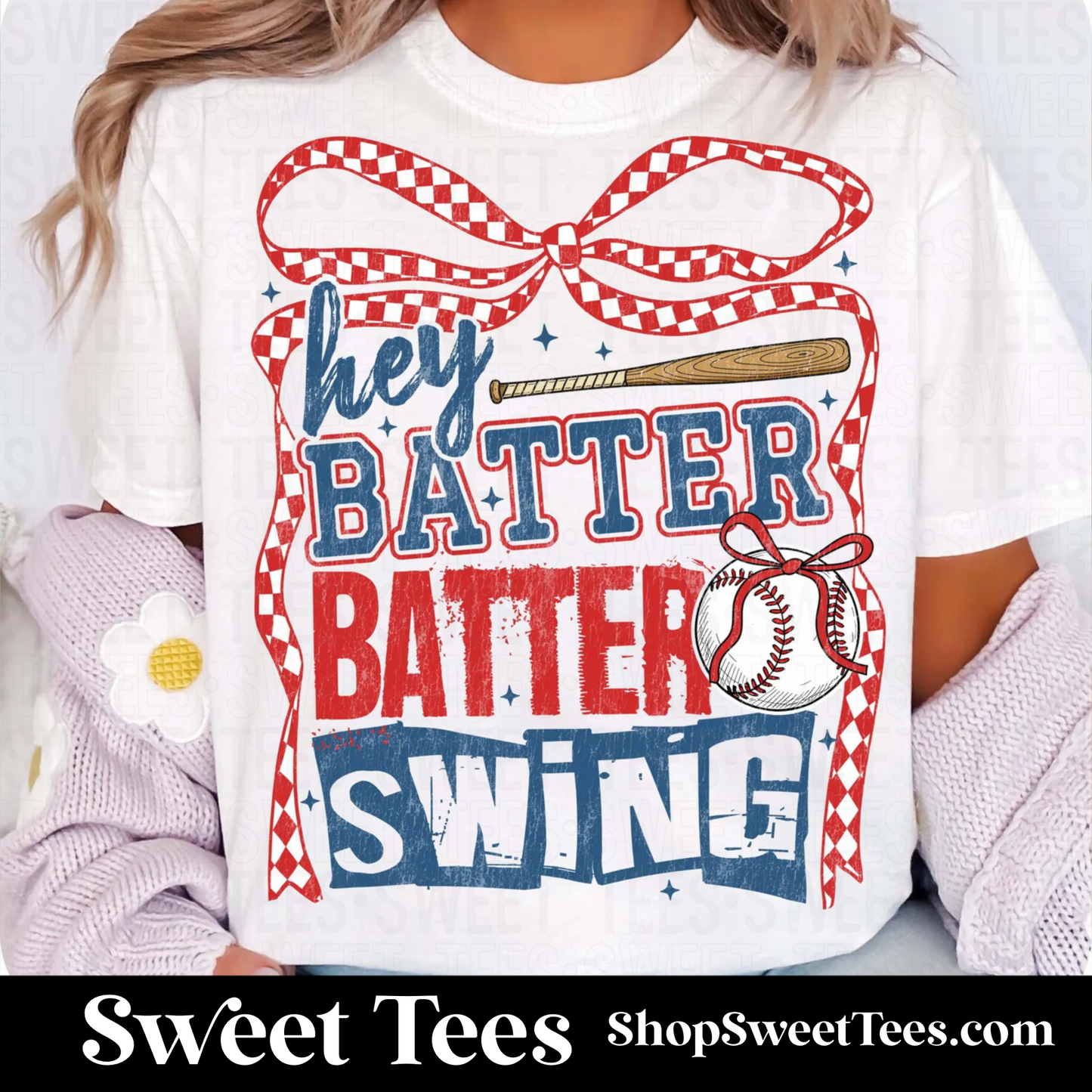 Hey Batter Swing Bow tee