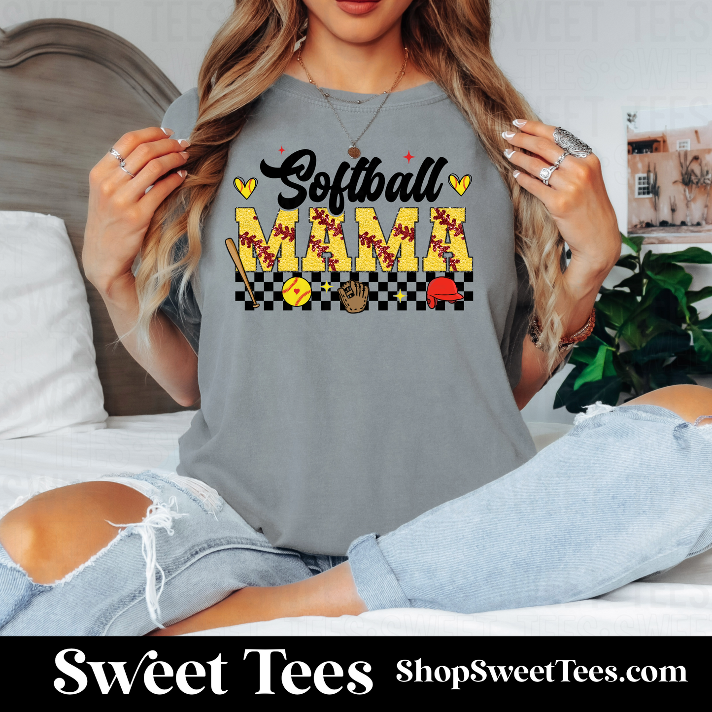 Retro Checker Softball Mama tee
