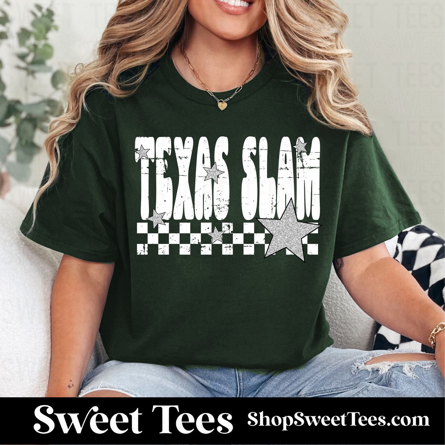 Texas Slam Grunge Checkered Star 059 tee - Forest