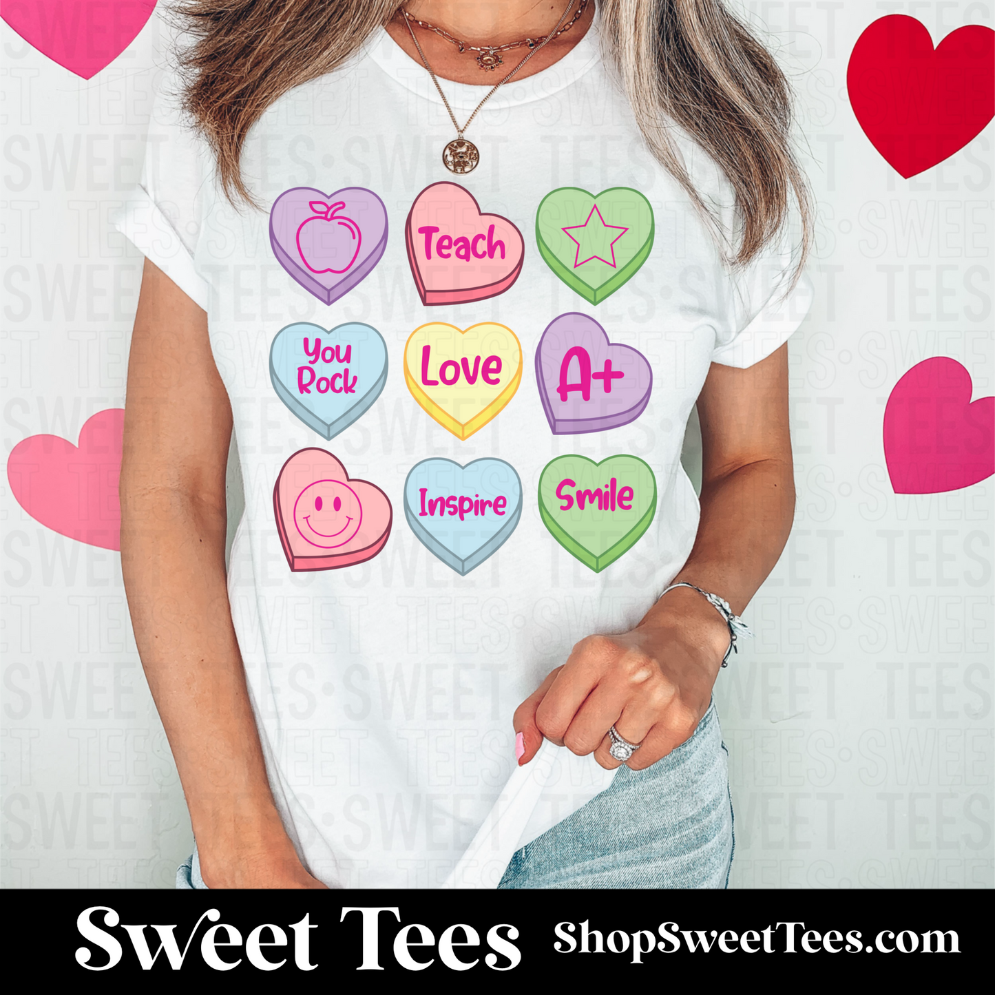 Teacher Candy Hearts tee