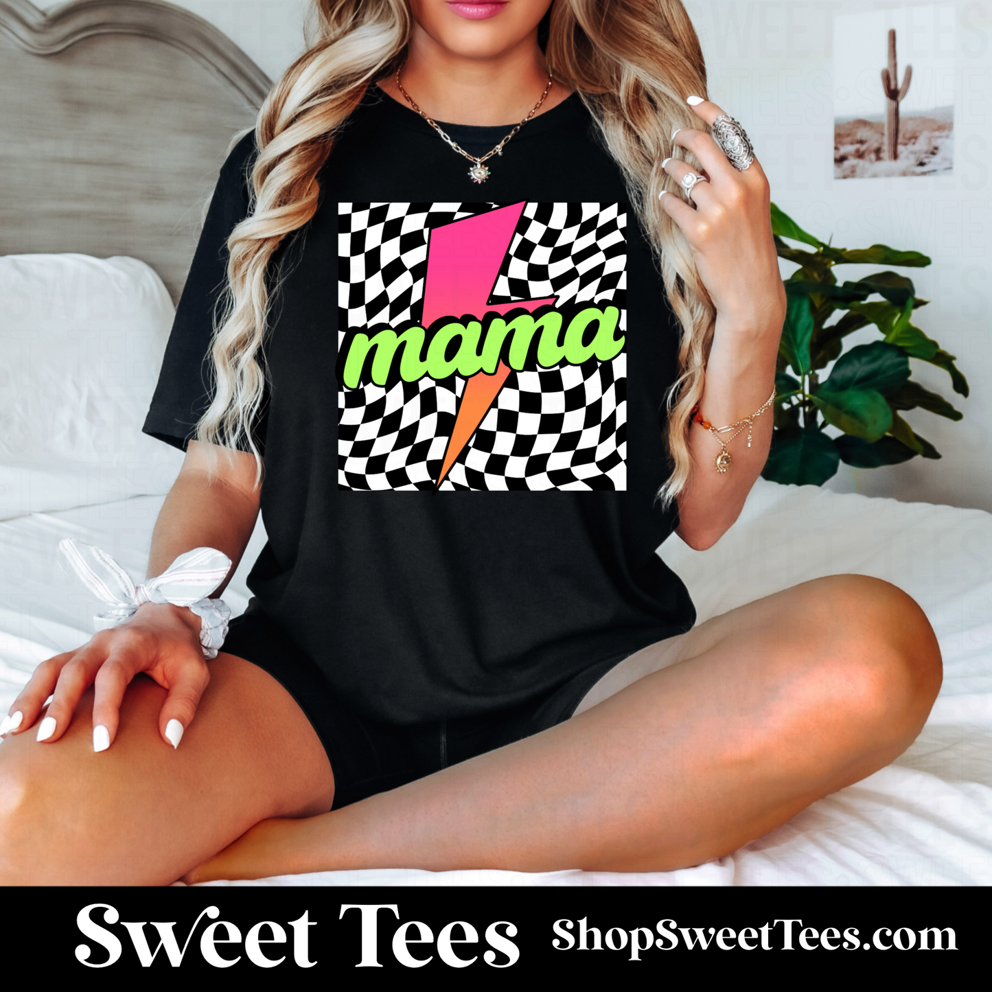 Mama Neon Checker Bolt tee - Black