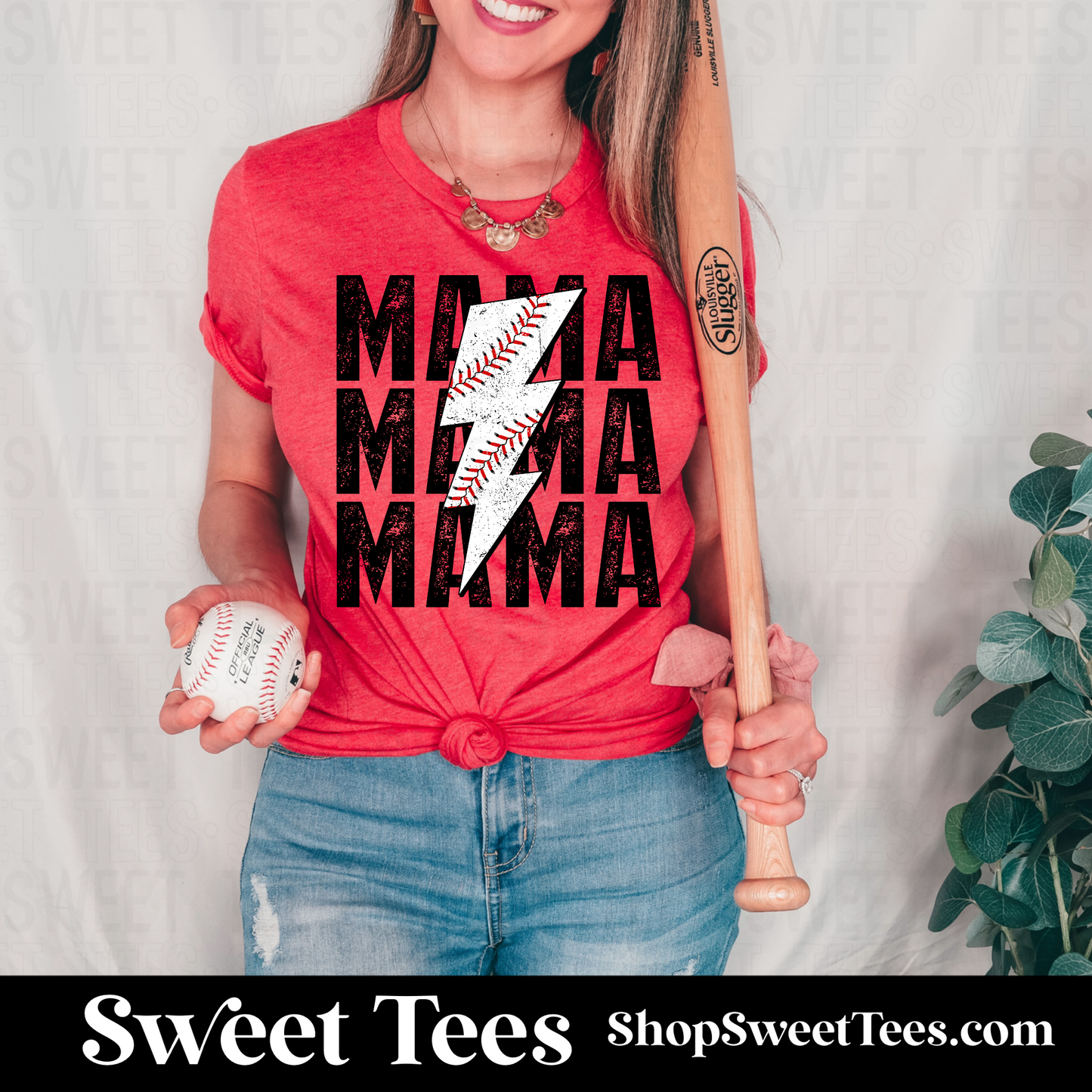 Mama Baseball Bolt tee - Red