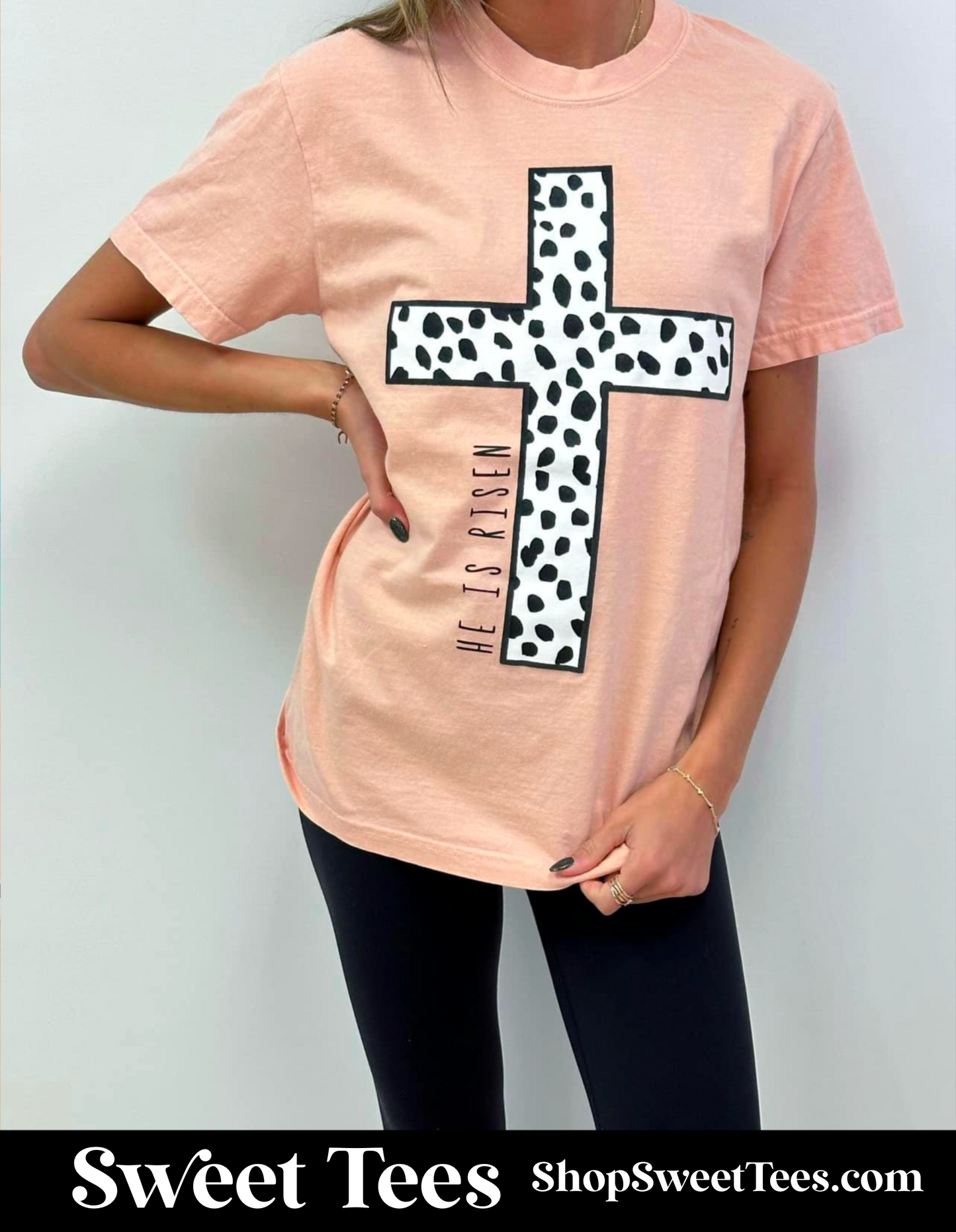 He Is Risen Dotted Cross tee - Peach