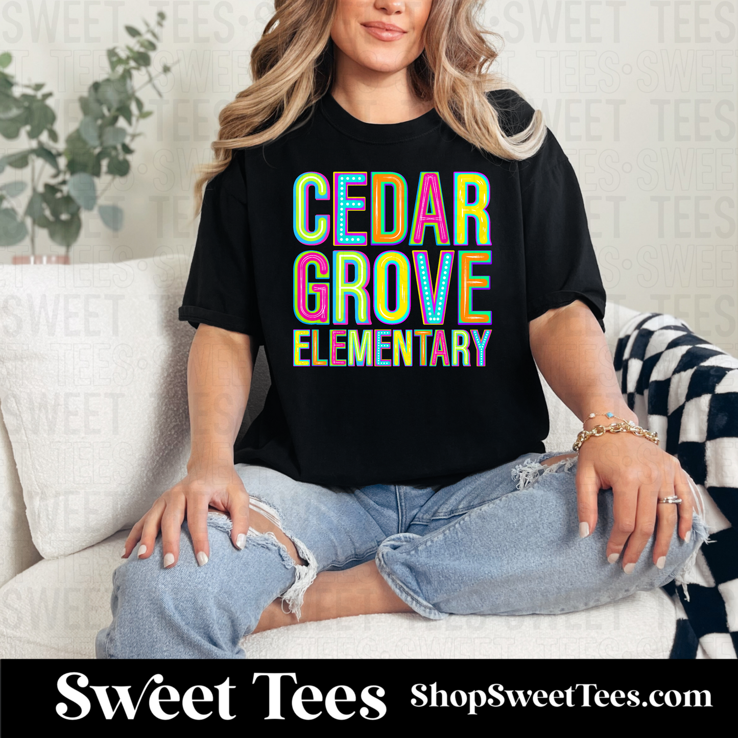Cedar Grove Elementary Funky Colorful Alpha Spirit 074 tee