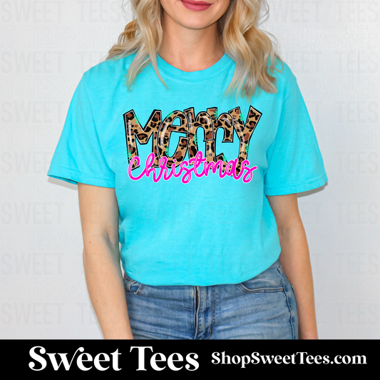 Merry Christmas Leopard tee - Bright Blue
