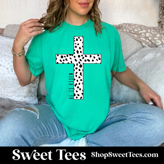 He Is Risen Dotted Cross tee - Island Green