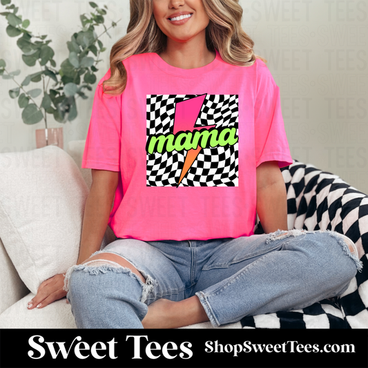 Mama Neon Checker Bolt tee - Neon Pink