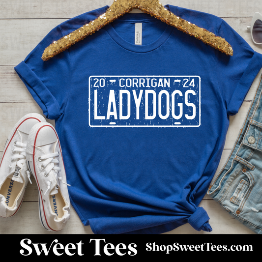 Corrigan Lady Dogs License Plate tee
