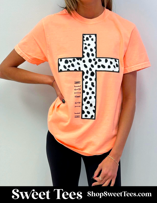 He Is Risen Dotted Cross tee - Neon Canteloupe