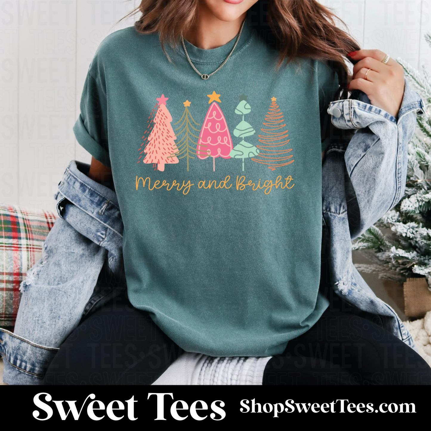 Merry and Bright Doodle Trees tee