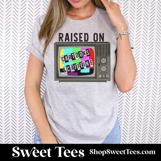 Raised on Cartoons and Caffeine tee