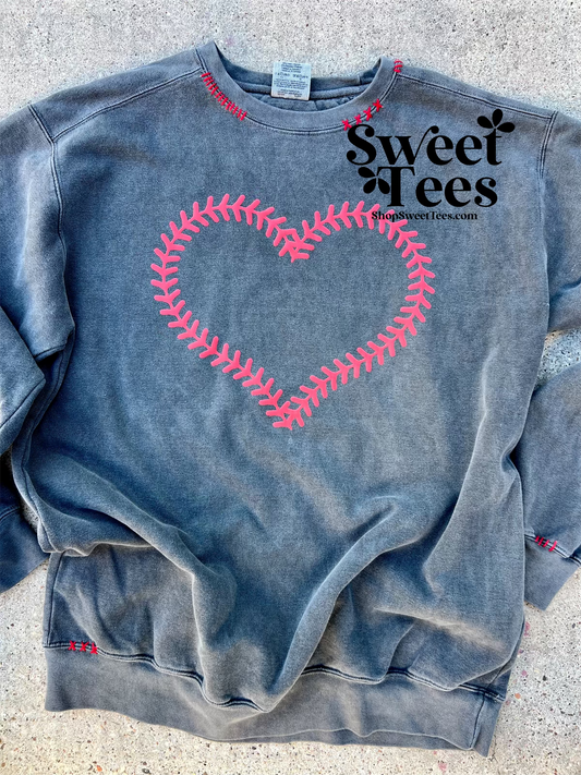 Baseball Stitched Heart Hand Stitched Comfort Colors Sweatshirt - Preorder