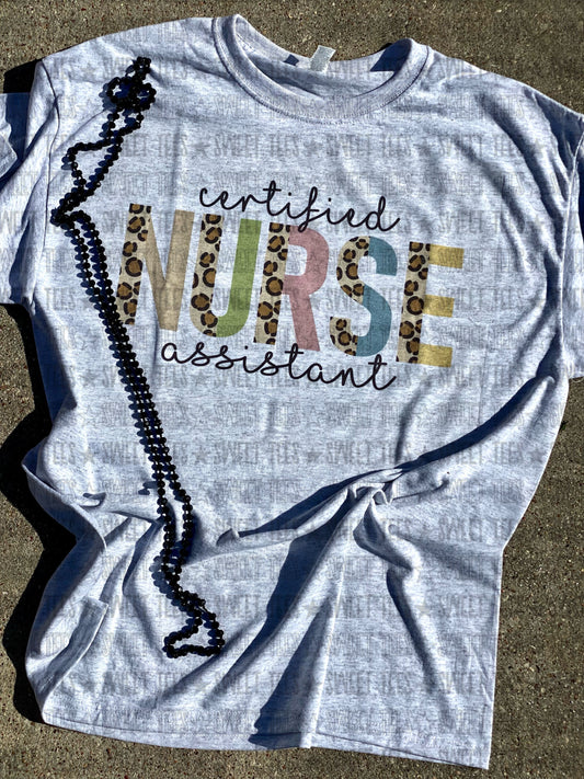 CNA Leopard Block Letters tee