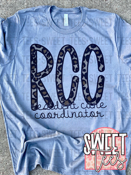 RCC Resident Care Coordinator leopard letters tee